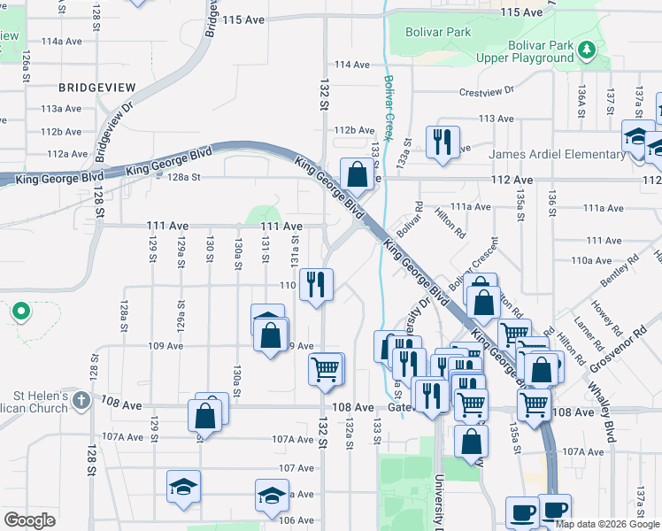 map of restaurants, bars, coffee shops, grocery stores, and more near 11058 132 Street in Surrey