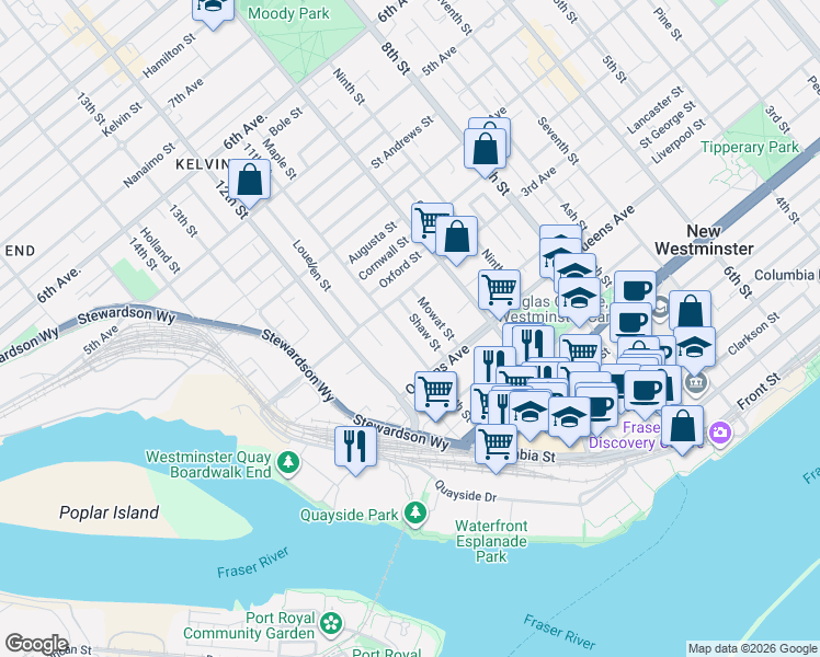 map of restaurants, bars, coffee shops, grocery stores, and more near 221 11th Street in New Westminster