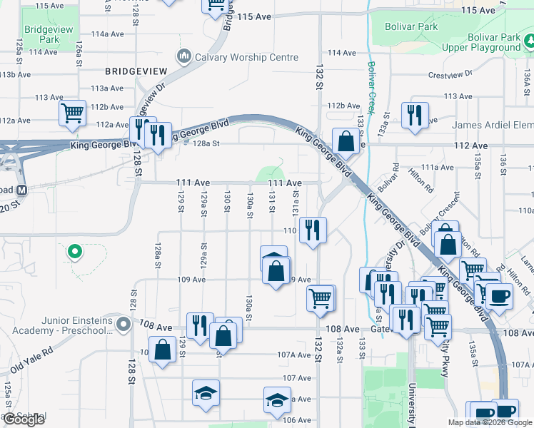 map of restaurants, bars, coffee shops, grocery stores, and more near 11037 131 Street in Surrey
