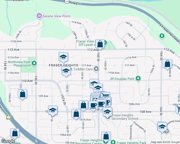 map of restaurants, bars, coffee shops, grocery stores, and more near 15959 110A Avenue in Surrey