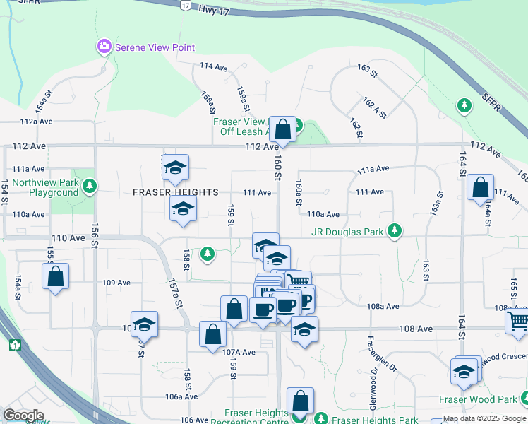 map of restaurants, bars, coffee shops, grocery stores, and more near 15967 110A Avenue in Surrey