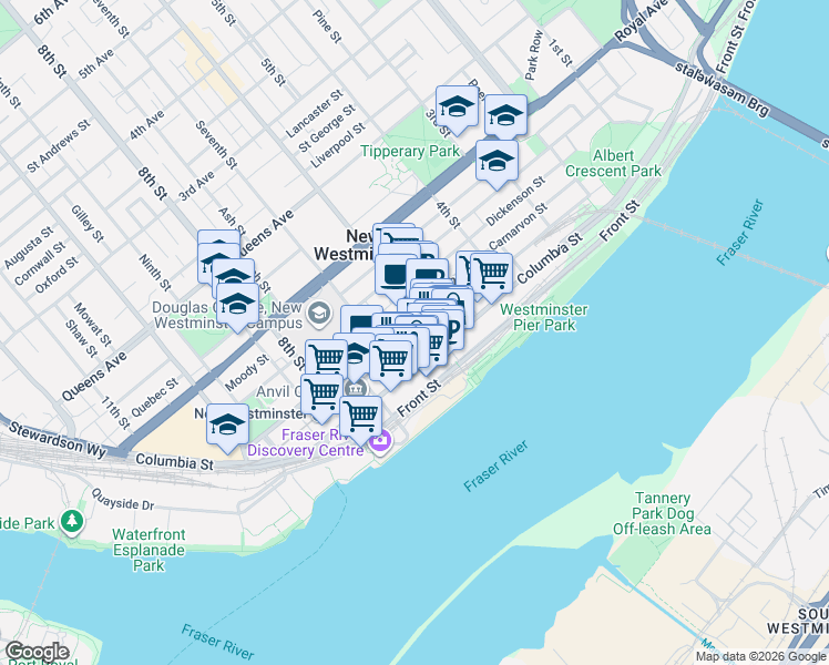 map of restaurants, bars, coffee shops, grocery stores, and more near 618 Carnarvon Street in New Westminster