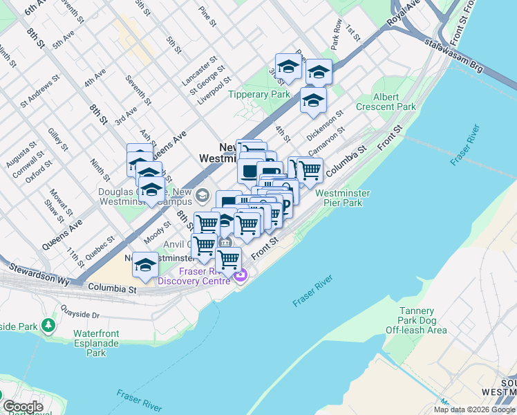 map of restaurants, bars, coffee shops, grocery stores, and more near 618 Carnarvon Street in New Westminster