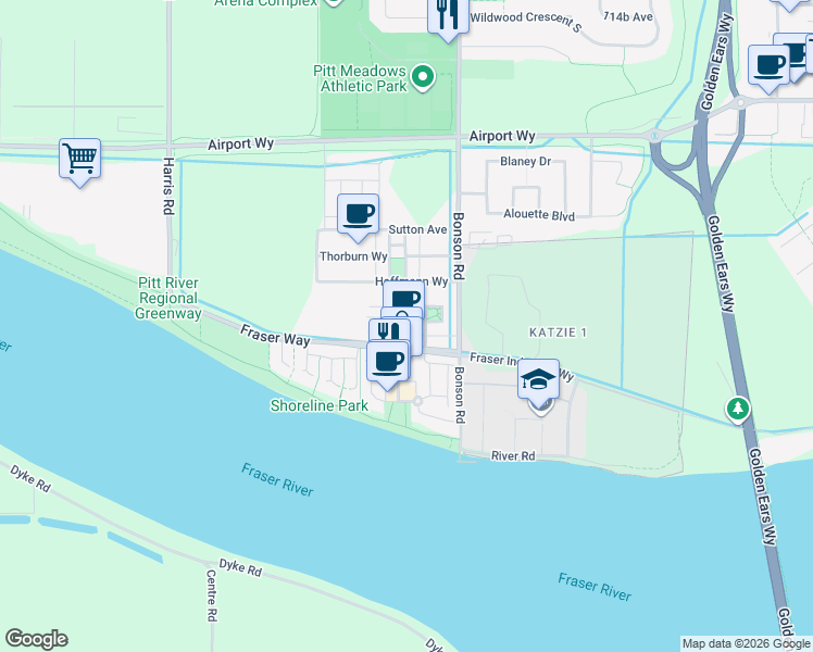 map of restaurants, bars, coffee shops, grocery stores, and more near 11067 Barnston View Road in Pitt Meadows