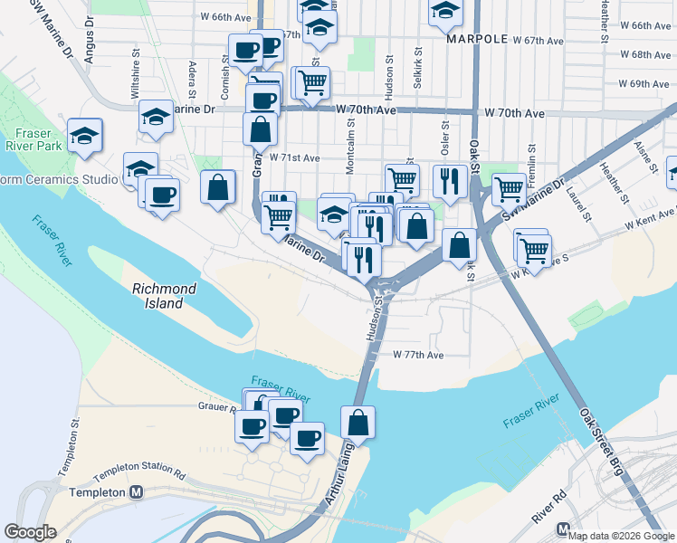 map of restaurants, bars, coffee shops, grocery stores, and more near 1360 Southwest Marine Drive in Vancouver