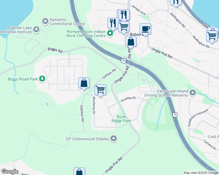map of restaurants, bars, coffee shops, grocery stores, and more near 3744 Delia Terrace in Nanaimo