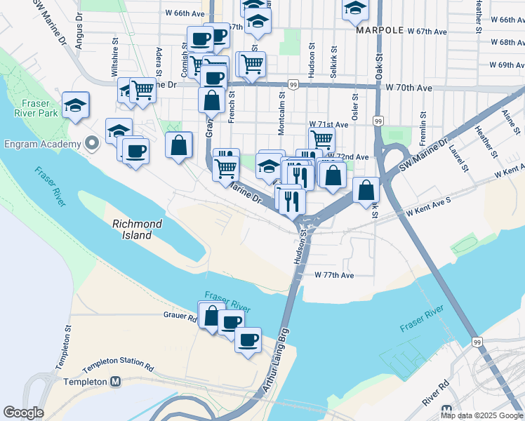 map of restaurants, bars, coffee shops, grocery stores, and more near 1378 Southwest Marine Drive in Vancouver
