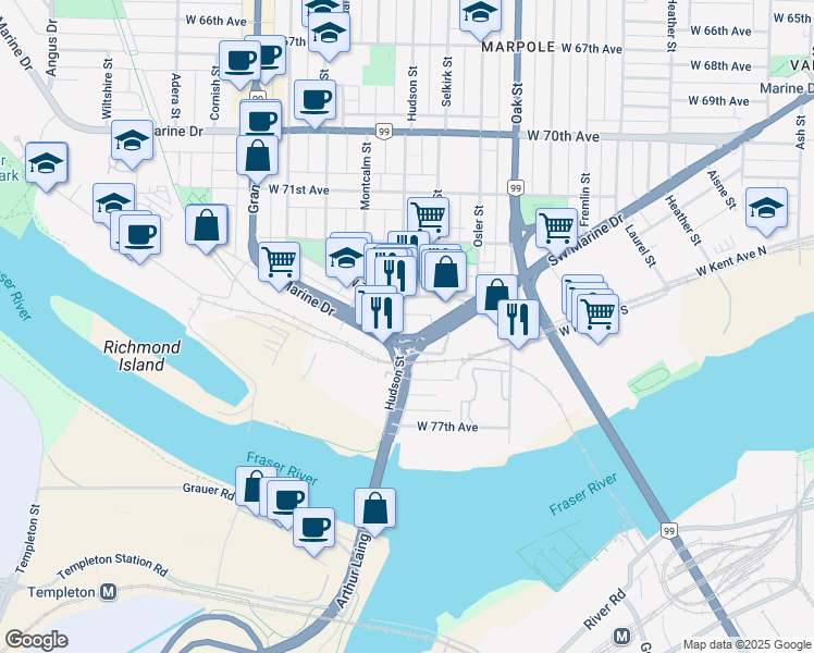 map of restaurants, bars, coffee shops, grocery stores, and more near 8988 Hudson Street in Vancouver