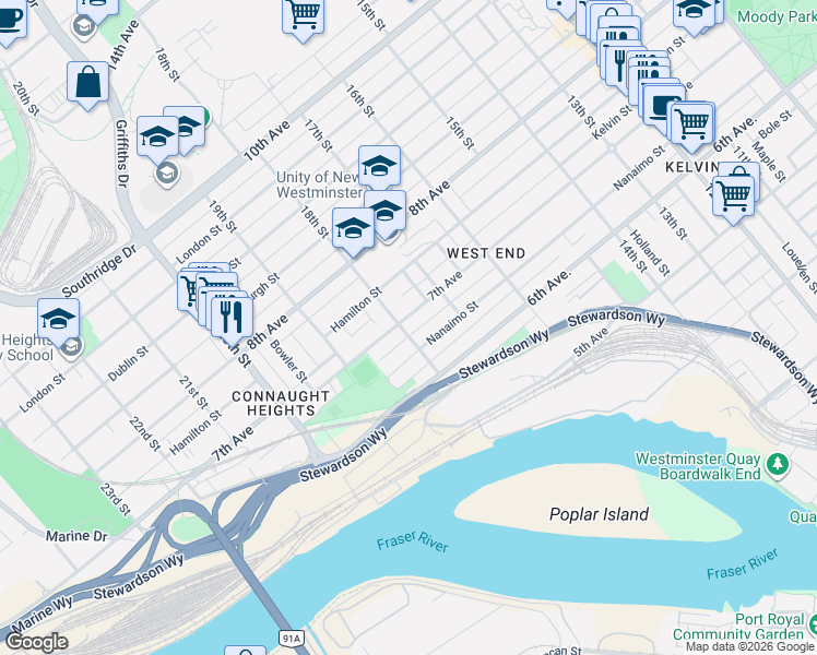 map of restaurants, bars, coffee shops, grocery stores, and more near 1728 7th Avenue in New Westminster