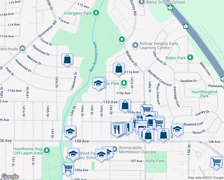 map of restaurants, bars, coffee shops, grocery stores, and more near 11059 146A Street in Surrey