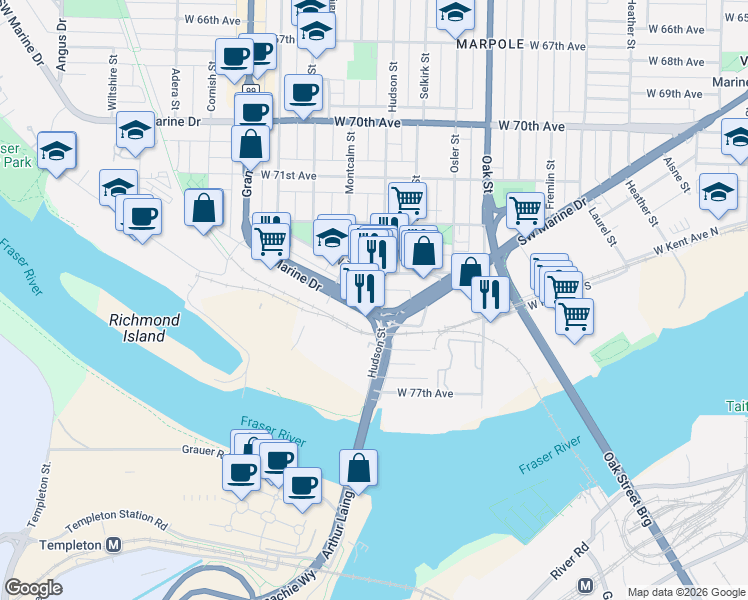 map of restaurants, bars, coffee shops, grocery stores, and more near 8989 Hudson Street in Vancouver