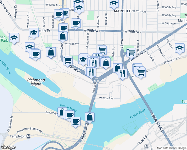 map of restaurants, bars, coffee shops, grocery stores, and more near 8989 Hudson Street in Vancouver
