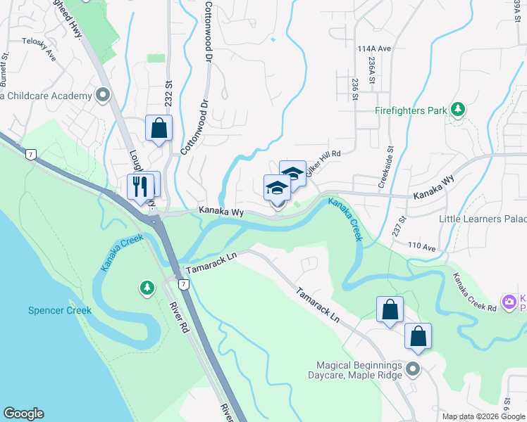 map of restaurants, bars, coffee shops, grocery stores, and more near 23413 Kanaka Way in Maple Ridge
