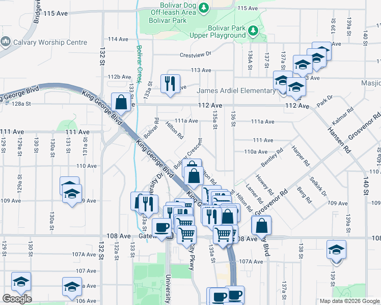map of restaurants, bars, coffee shops, grocery stores, and more near Bolivar Crescent in Surrey