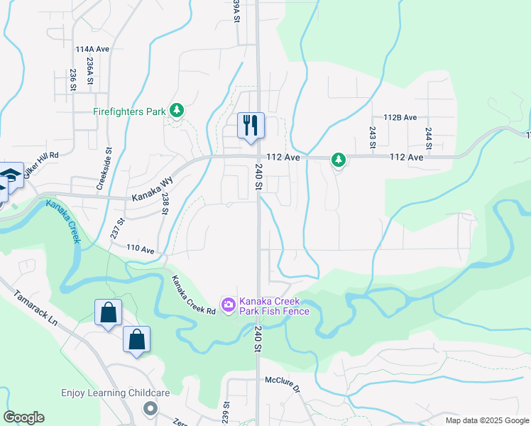 map of restaurants, bars, coffee shops, grocery stores, and more near 11062 240 Street in Maple Ridge