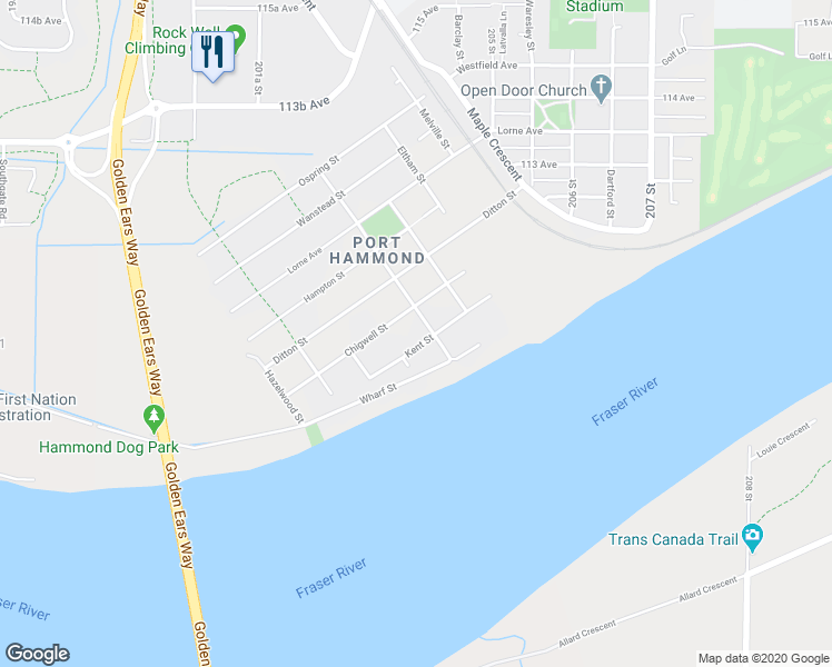 map of restaurants, bars, coffee shops, grocery stores, and more near 20377 Kent Street in Maple Ridge