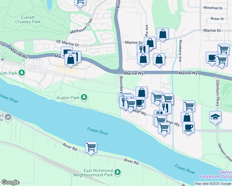 map of restaurants, bars, coffee shops, grocery stores, and more near Rivergrass Drive in Burnaby