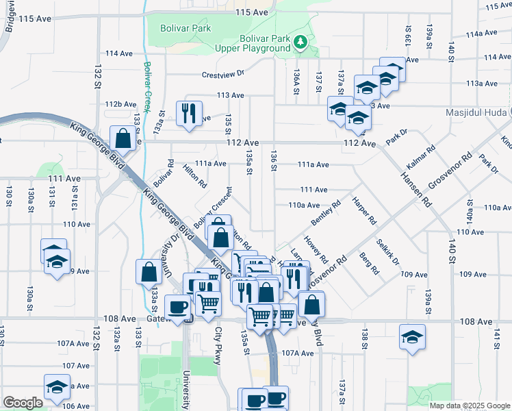 map of restaurants, bars, coffee shops, grocery stores, and more near 11056 135A Street in Surrey