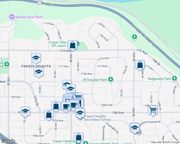 map of restaurants, bars, coffee shops, grocery stores, and more near 16119 110A Avenue in Surrey