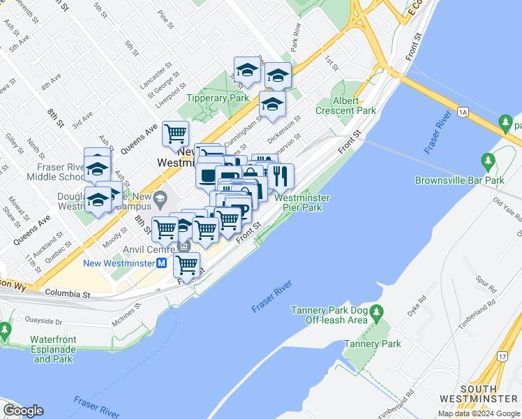 map of restaurants, bars, coffee shops, grocery stores, and more near 504 Columbia Street in New Westminster