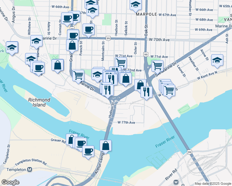 map of restaurants, bars, coffee shops, grocery stores, and more near 1302 Southwest Marine Drive in Vancouver
