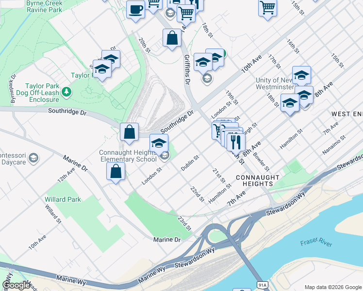 map of restaurants, bars, coffee shops, grocery stores, and more near 2115 London Street in New Westminster
