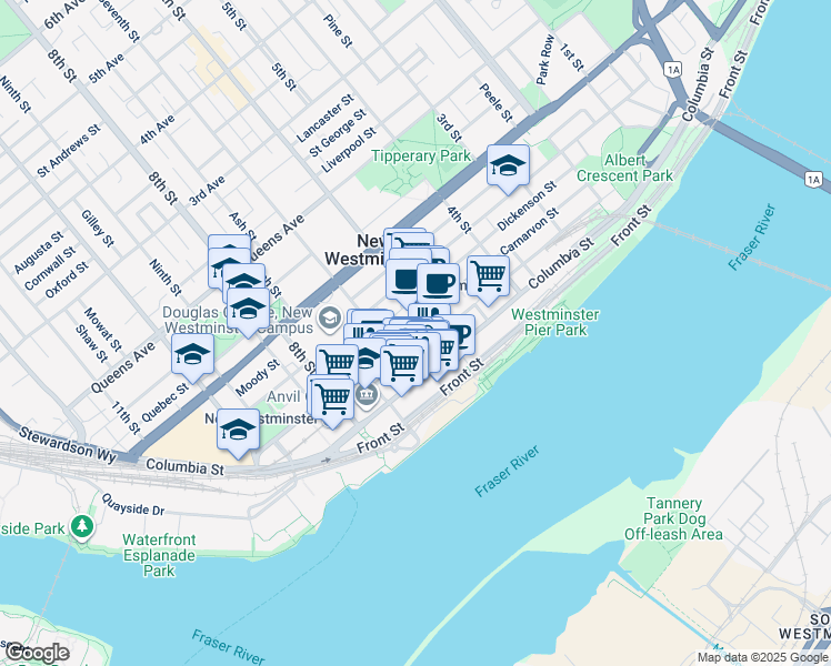 map of restaurants, bars, coffee shops, grocery stores, and more near 618 Carnarvon Street in New Westminster