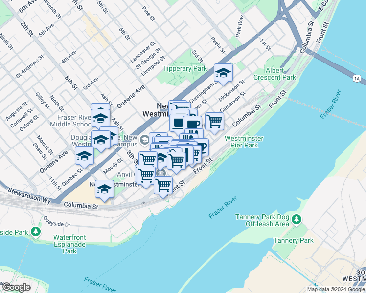 map of restaurants, bars, coffee shops, grocery stores, and more near 618 Carnarvon Street in New Westminster