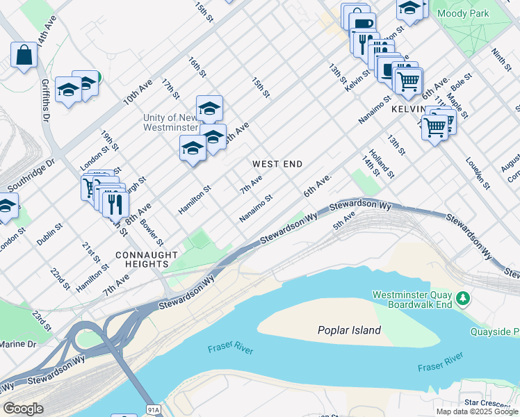 map of restaurants, bars, coffee shops, grocery stores, and more near 1706 Nanaimo Street in New Westminster