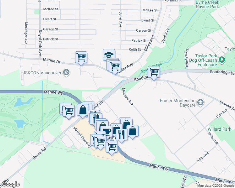 map of restaurants, bars, coffee shops, grocery stores, and more near 7305 Meadow Avenue in Burnaby