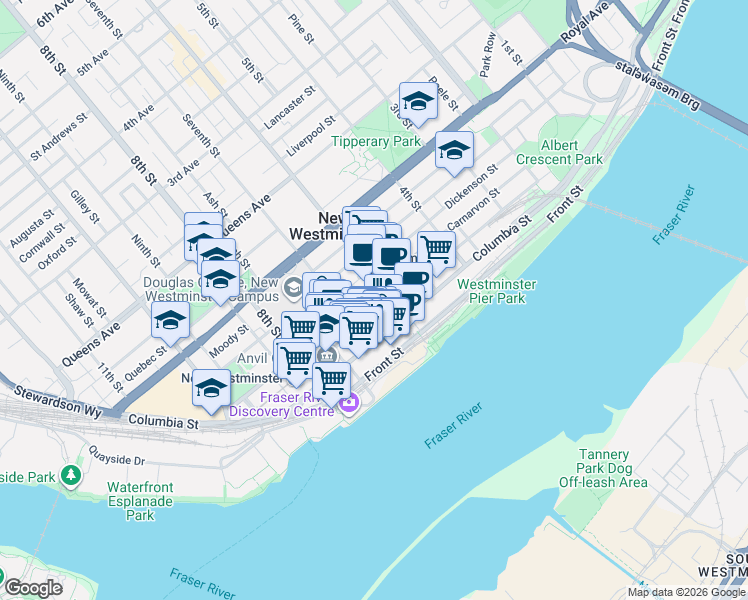 map of restaurants, bars, coffee shops, grocery stores, and more near 618 Carnarvon Street in New Westminster