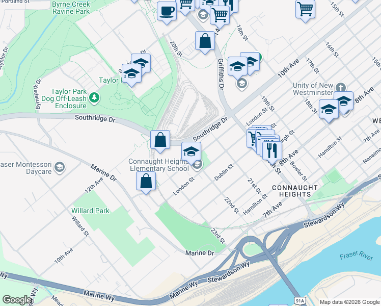 map of restaurants, bars, coffee shops, grocery stores, and more near 2137 Ninth Avenue in New Westminster