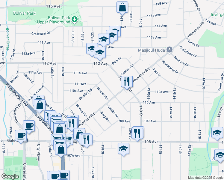 map of restaurants, bars, coffee shops, grocery stores, and more near 13851 Brentwood Crescent in Surrey