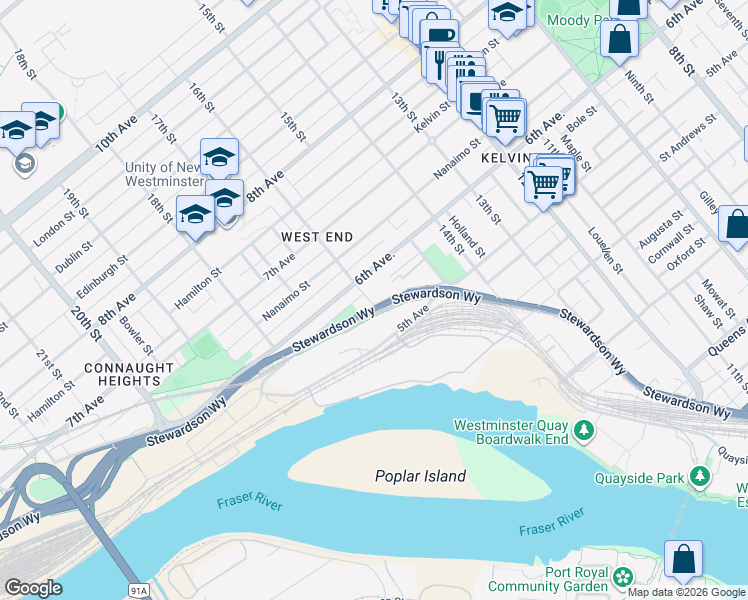 map of restaurants, bars, coffee shops, grocery stores, and more near 525 Sixteenth Street in New Westminster