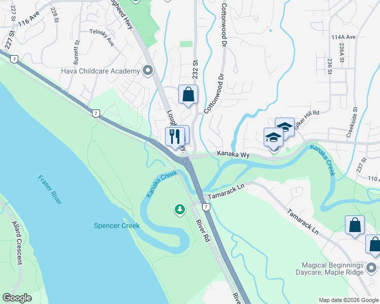 map of restaurants, bars, coffee shops, grocery stores, and more near 23180 Lougheed Highway in Maple Ridge