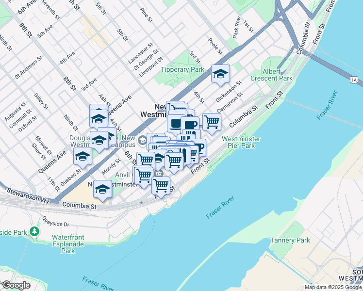 map of restaurants, bars, coffee shops, grocery stores, and more near in New Westminster
