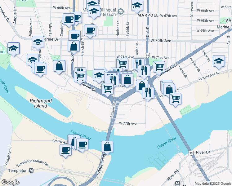 map of restaurants, bars, coffee shops, grocery stores, and more near 8988 Hudson Street in Vancouver