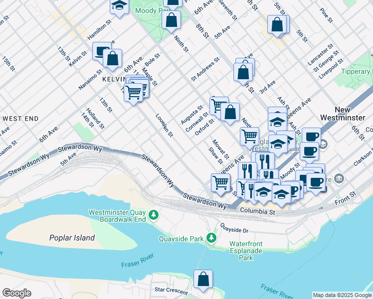 map of restaurants, bars, coffee shops, grocery stores, and more near 305 Louellen Street in New Westminster