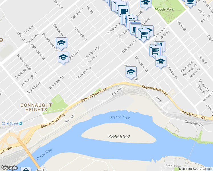 map of restaurants, bars, coffee shops, grocery stores, and more near 525 16th Street in New Westminster