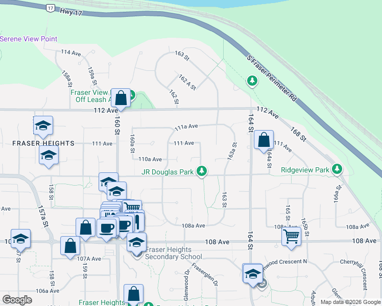 map of restaurants, bars, coffee shops, grocery stores, and more near 16235 110A Avenue in Surrey
