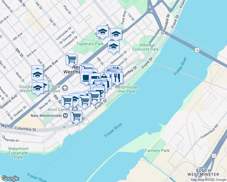 map of restaurants, bars, coffee shops, grocery stores, and more near in New Westminster