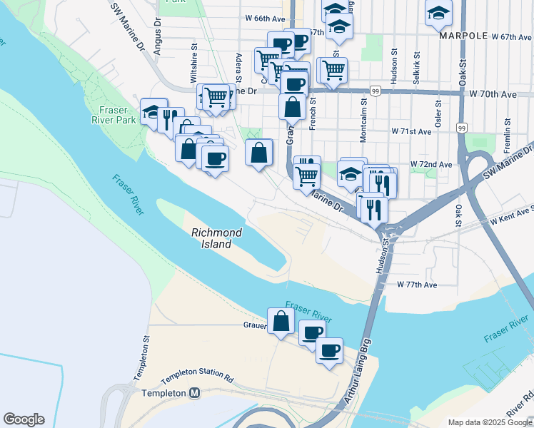 map of restaurants, bars, coffee shops, grocery stores, and more near 1530 West 75th Avenue in Vancouver