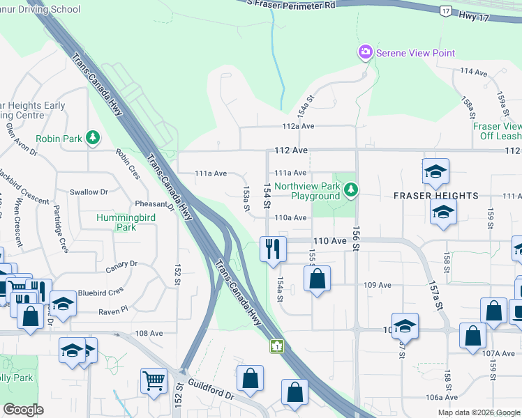 map of restaurants, bars, coffee shops, grocery stores, and more near 11077 154 Street in Surrey
