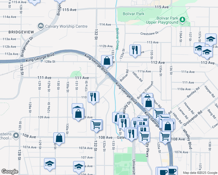 map of restaurants, bars, coffee shops, grocery stores, and more near 11063 Ravine Road in Surrey