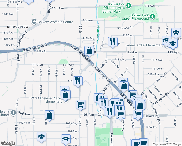map of restaurants, bars, coffee shops, grocery stores, and more near in Surrey
