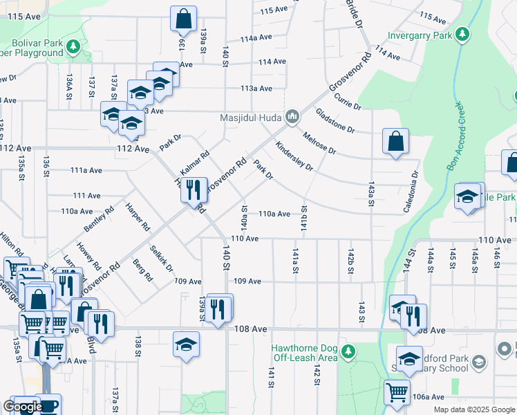 map of restaurants, bars, coffee shops, grocery stores, and more near 14075 110A Avenue in Surrey