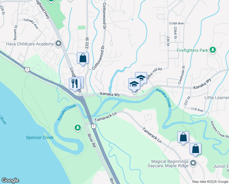 map of restaurants, bars, coffee shops, grocery stores, and more near 23343 Kanaka Way in Maple Ridge