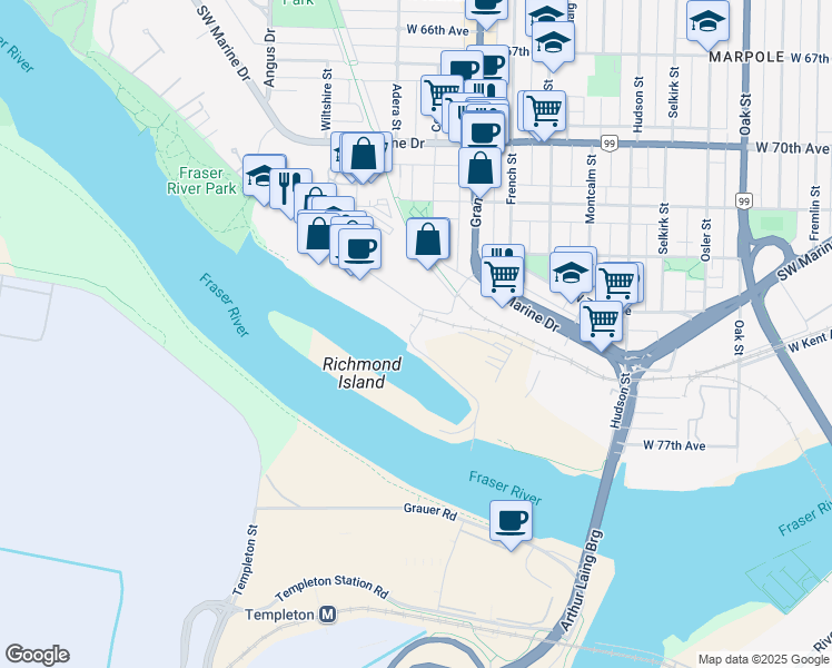 map of restaurants, bars, coffee shops, grocery stores, and more near 9123 Bentley Street in Vancouver