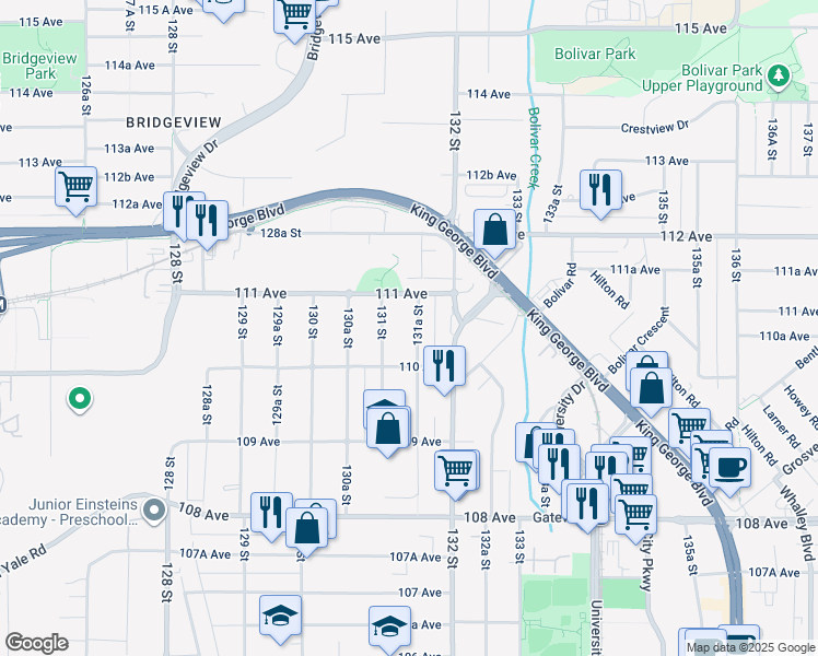 map of restaurants, bars, coffee shops, grocery stores, and more near 11051 131A Street in Surrey