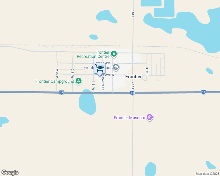 map of restaurants, bars, coffee shops, grocery stores, and more near 109 1 ST E in Frontier